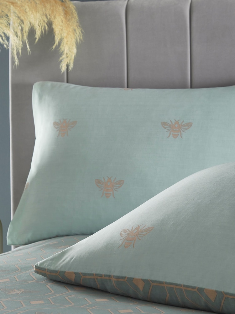 furn. Green Bee Deco Geometric Reversible Duvet Cover and Pillowcase Set - Image 2 of 3