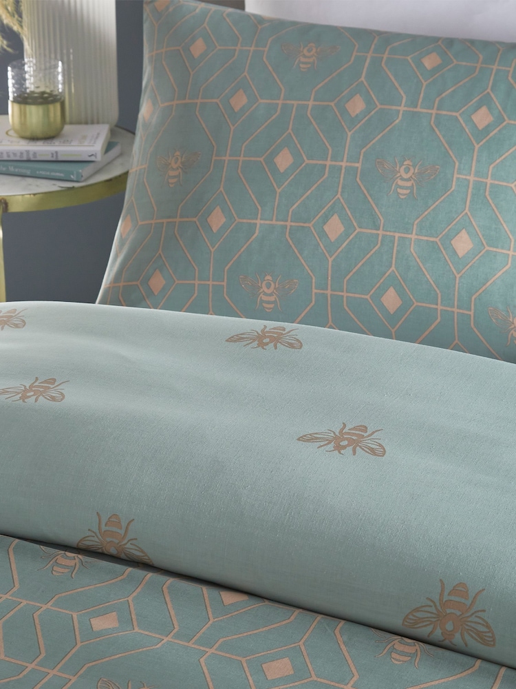 furn. Green Bee Deco Geometric Reversible Duvet Cover and Pillowcase Set - Image 3 of 3