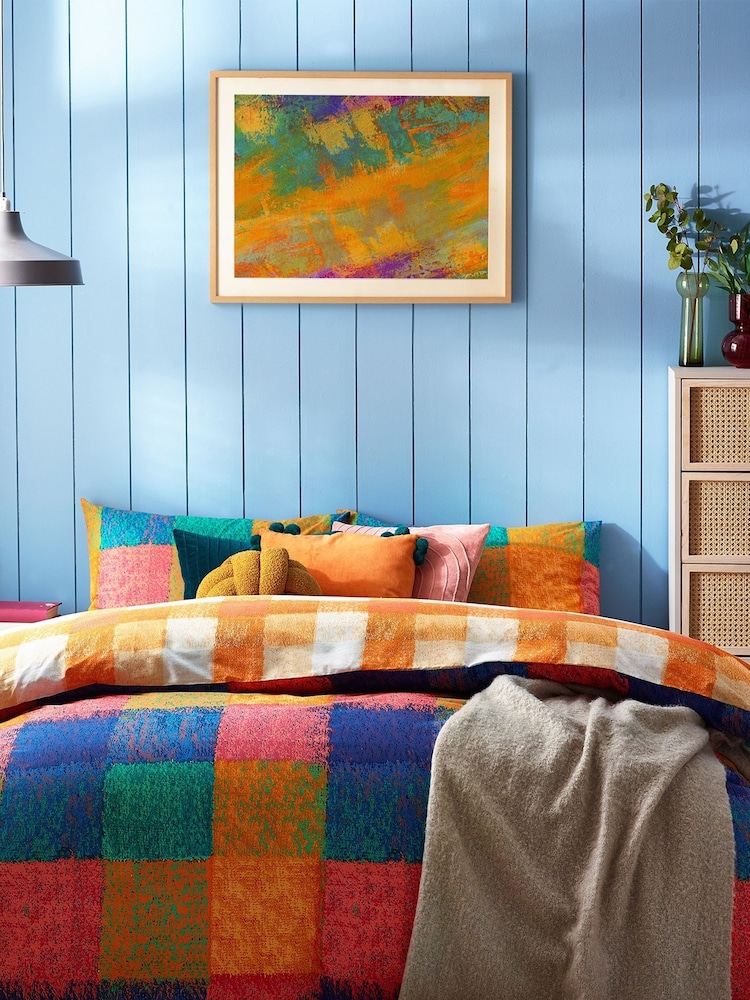 furn. Orange Alma Colourful Check Reversible Duvet Cover and Pillowcase Set - Image 1 of 4
