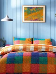 furn. Orange Alma Colourful Check Reversible Duvet Cover and Pillowcase Set - Image 2 of 4