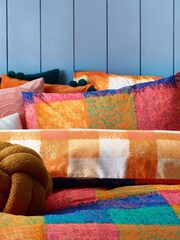 furn. Orange Alma Colourful Check Reversible Duvet Cover and Pillowcase Set - Image 3 of 4