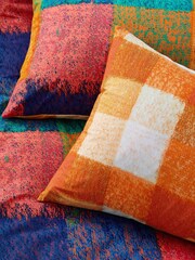 furn. Orange Alma Colourful Check Reversible Duvet Cover and Pillowcase Set - Image 4 of 4