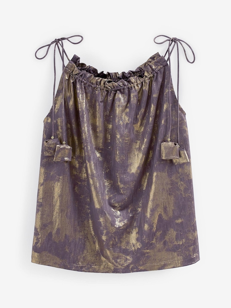 Chocolate Brown Foil Strappy Tassel Detail Cami Top - Image 1 of 5 Chocolate Brown Foil Strappy Tassel Detail Cami Top - Image 1 of 5