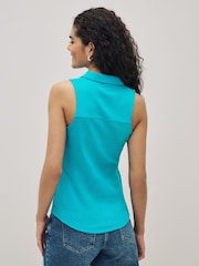 Teal Blue Sleeveless Button Polo Shirt - Image 3 of 4