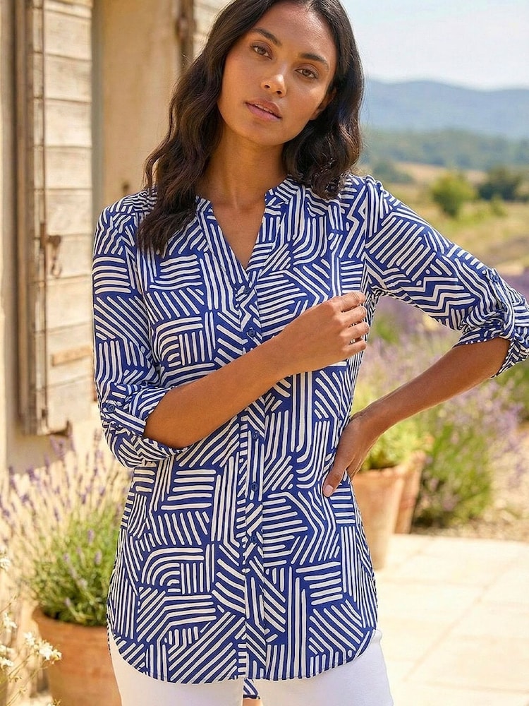 Roman Blue Geo Mono Print Buttoned Blouse - Image 1 of 4