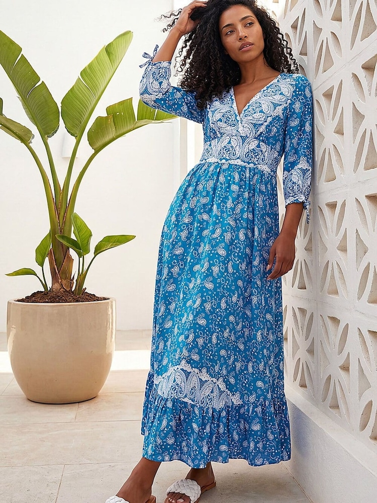 Roman Blue Paisley Print Frill Hem Maxi Dress - Image 1 of 4