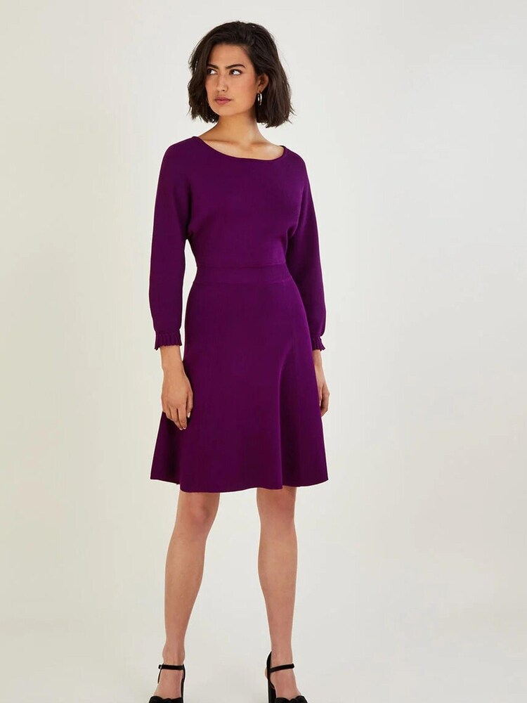 Monsoon Purple Pleat Cuff Short Knit Dress - Image 1 of 4
