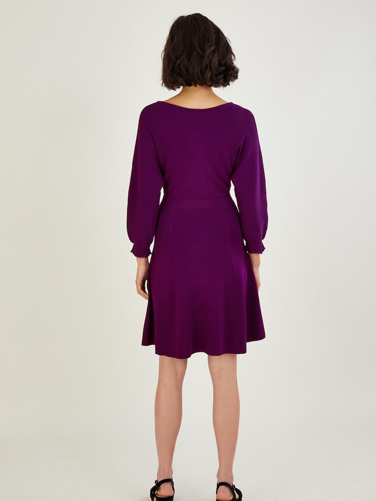 Monsoon Purple Pleat Cuff Short Knit Dress - Image 2 of 4