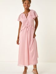 Roman Pink Metallic Dobby Frill Midi Dress - Image 1 of 5