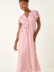 Roman Pink Metallic Dobby Frill Midi Dress - Image 2 of 5