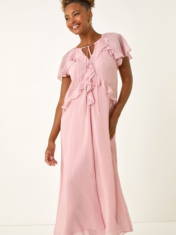 Roman Pink Metallic Dobby Frill Midi Dress - Image 2 of 5 Roman Pink Metallic Dobby Frill Midi Dress - Image 2 of 5