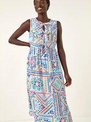 Roman Blue Tie Print Bow Front Midi Dress - Image 1 of 5