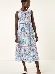 Roman Blue Tie Print Bow Front Midi Dress - Image 2 of 5