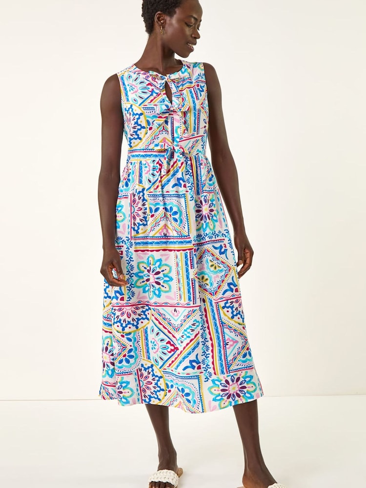 Roman Blue Tie Print Bow Front Midi Dress - Image 2 of 5 Roman Blue Tie Print Bow Front Midi Dress - Image 2 of 5