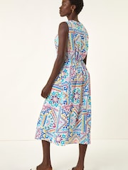 Roman Blue Tie Print Bow Front Midi Dress - Image 3 of 5