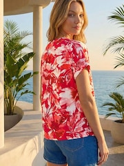 Roman Red Floral Print Notch Neck T-Shirt - Image 3 of 4