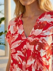 Roman Red Floral Print Notch Neck T-Shirt - Image 4 of 4