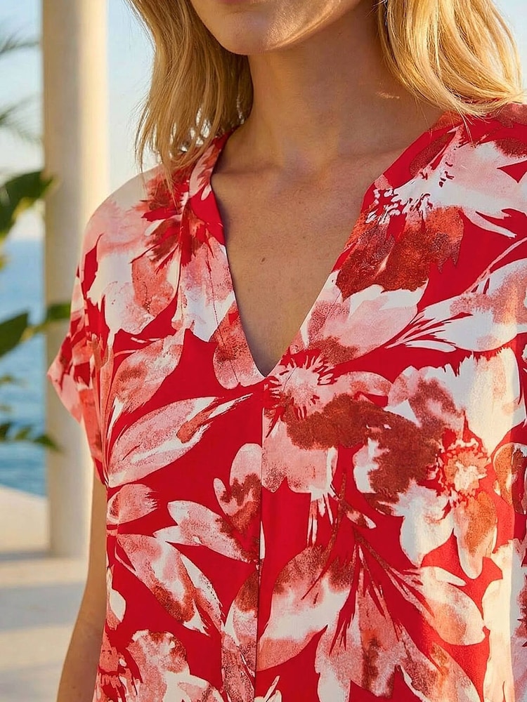 Roman Red Floral Print Notch Neck T-Shirt - Image 4 of 4