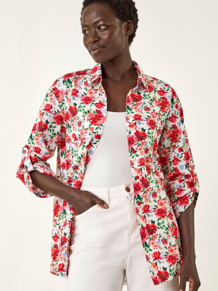 Roman Red Floral Collared Tab Sleeve Shirt - Image 1 of 5
