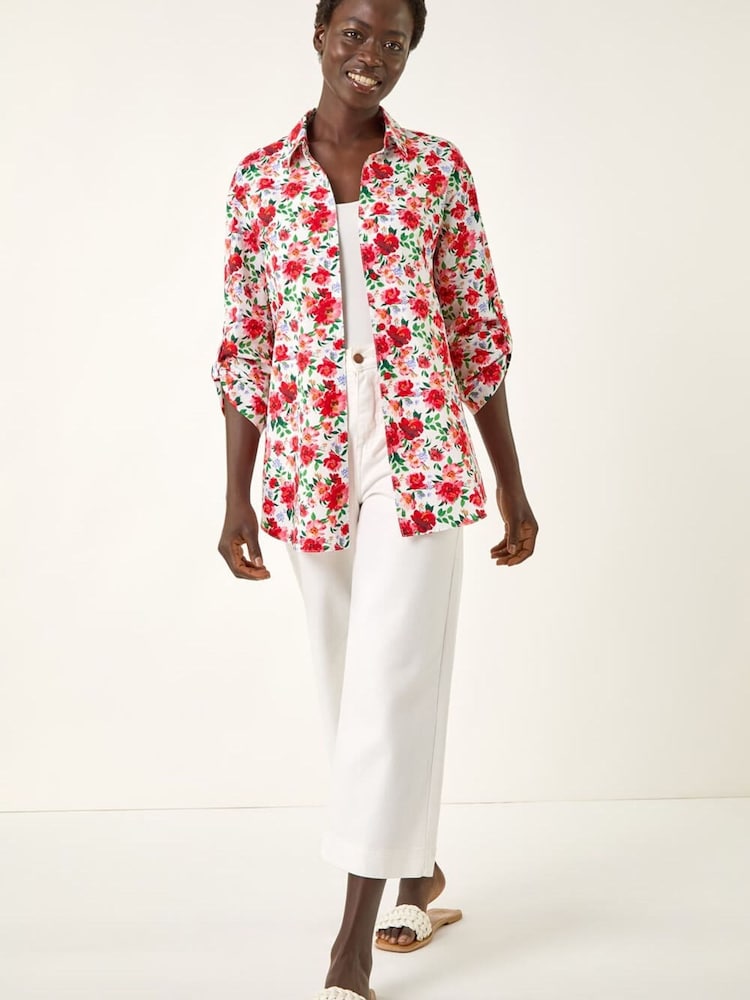Roman Red Floral Collared Tab Sleeve Shirt - Image 2 of 5