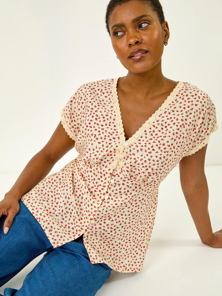 Roman Pink Floral Ditsy Print Lace Trim Top - Image 1 of 5