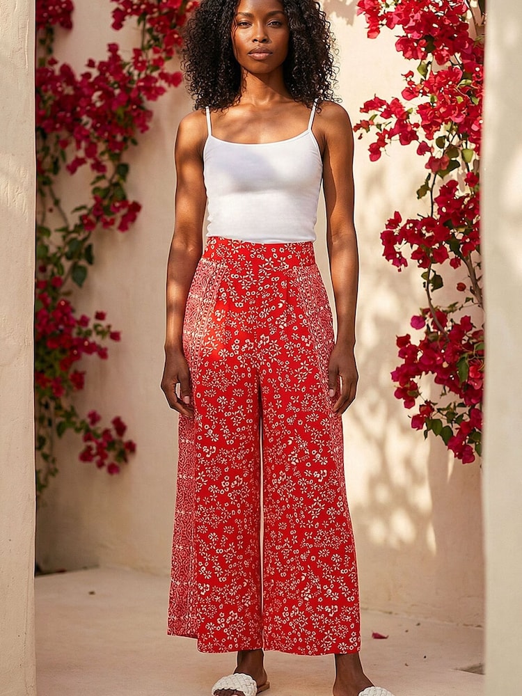 Roman Red Floral Border Panel Culotte Trousers - Image 1 of 4
