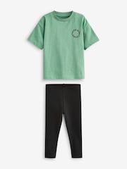 Green/Black Oversized Short Sleeves 100% Cotton T-Shirt and Leggings Set (3mths-7yrs) - Image 4 of 5