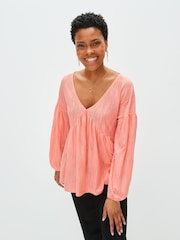 Korallenrot, Pink gestreift - Langärmelige Bluse mit V-Ausschnitt - Bild 1 von 5