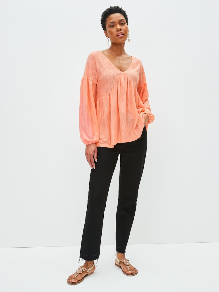 Korallenrot, Pink gestreift - Langärmelige Bluse mit V-Ausschnitt - Bild 2 von 5