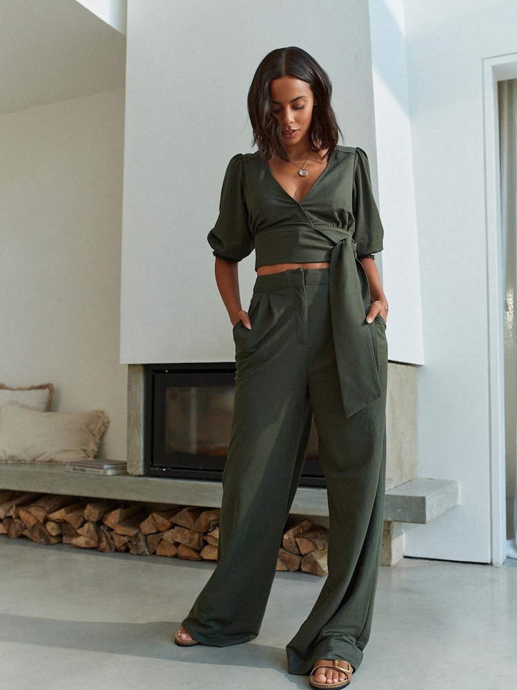 Khaki Green Co-ord Wrap Short Sleeve V-Neck Top - Image 2 of 5 Khaki Green Co-ord Wrap Short Sleeve V-Neck Top - Image 2 of 5