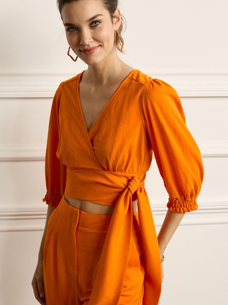 Orange Co-ord Wrap Short Sleeve V-Neck Top - Image 1 of 5 Orange Co-ord Wrap Short Sleeve V-Neck Top - Image 1 of 5
