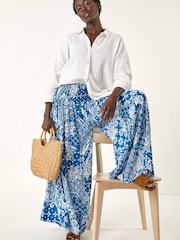 Roman Blue Printed Shirred Wide Leg Trousers - Image 1 of 5