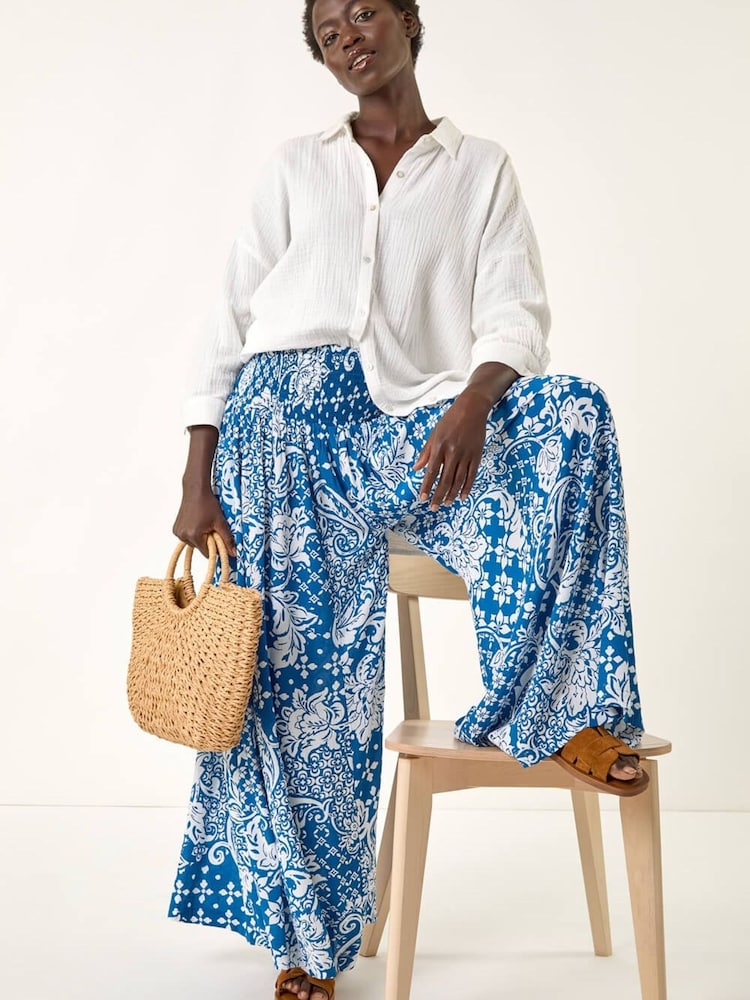 Roman Blue Printed Shirred Wide Leg Trousers - Image 1 of 5