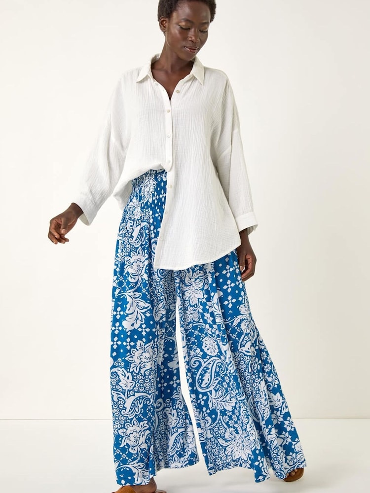 Roman Blue Printed Shirred Wide Leg Trousers - Image 2 of 5
