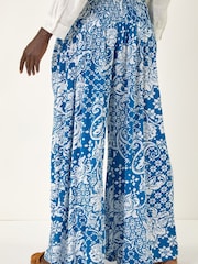 Roman Blue Printed Shirred Wide Leg Trousers - Image 3 of 5