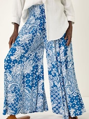 Roman Blue Printed Shirred Wide Leg Trousers - Image 4 of 5