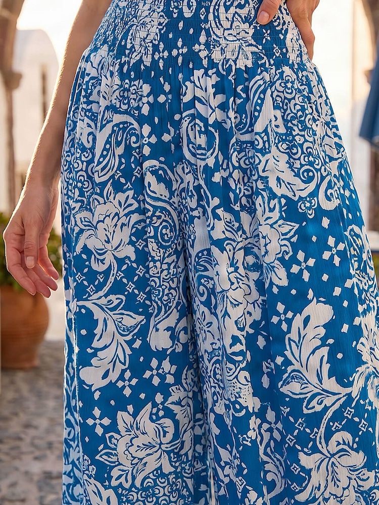 Roman Blue Printed Shirred Wide Leg Trousers - Image 4 of 4
