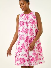 Roman Pink Floral Print Lace Swing Stretch Dress - Image 1 of 5