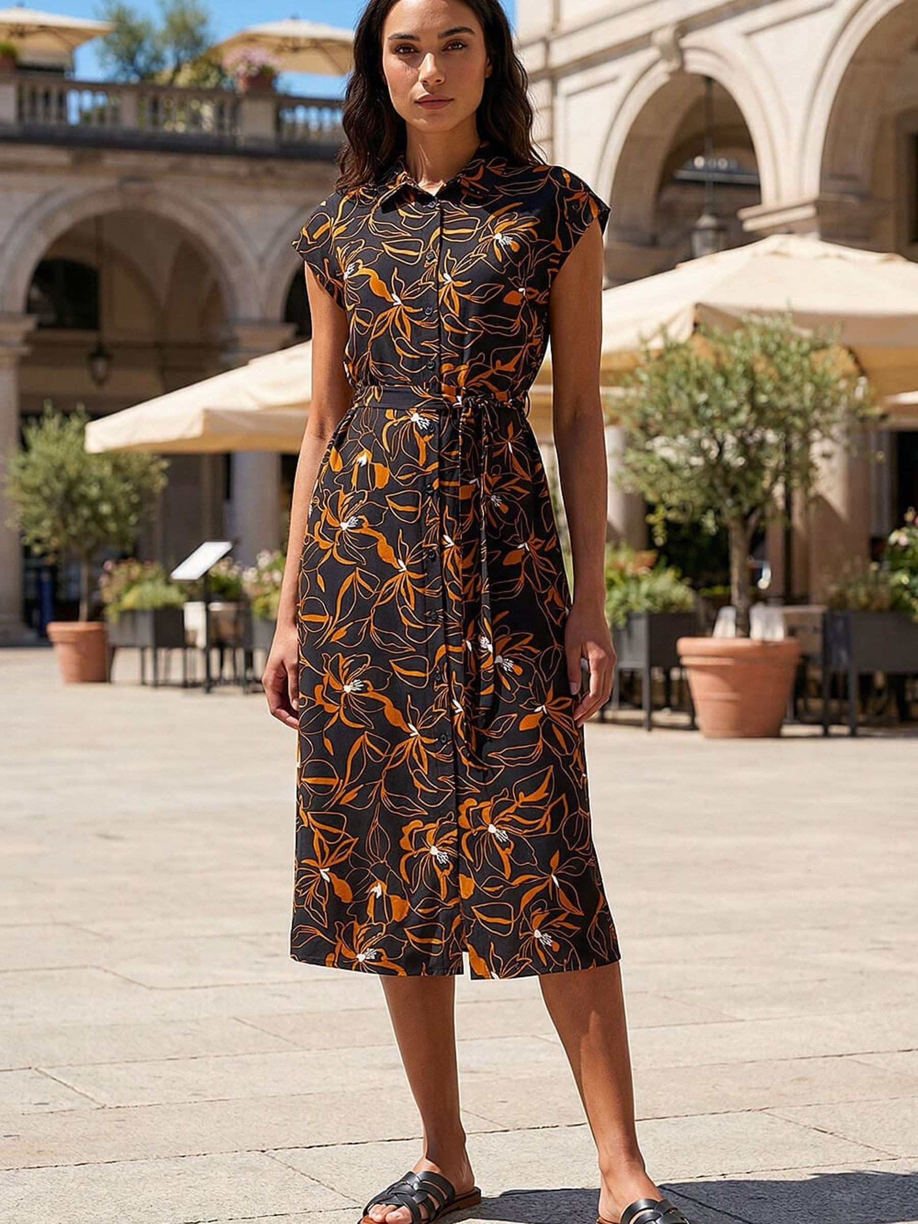 Roman Women's Black Floral Belted Midi Dress - Image 4