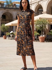 Roman Black Floral Belted Midi  Dress - Image 1 of 4
