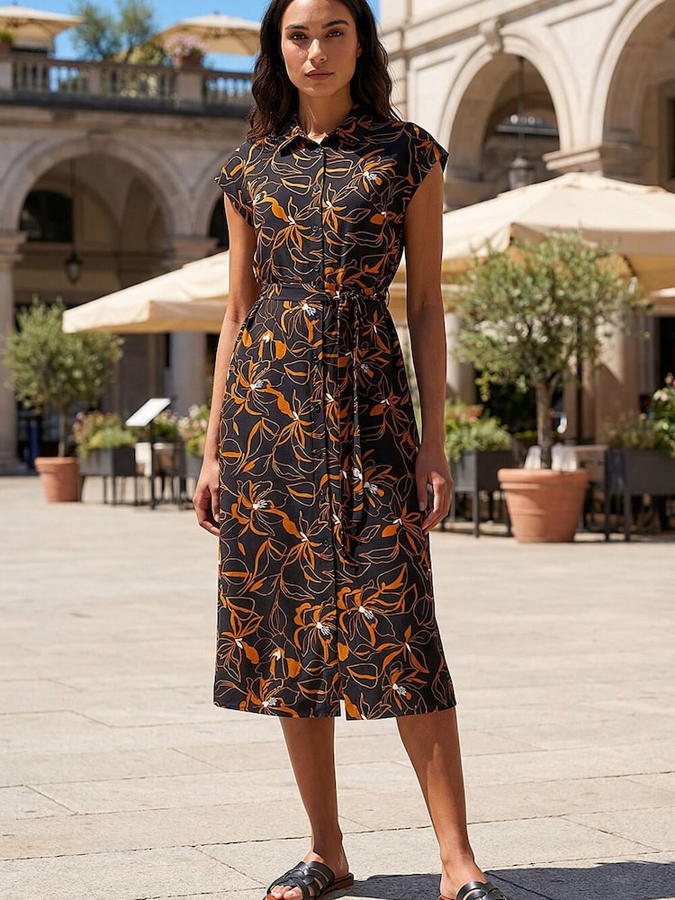 Roman Black Floral Belted Midi  Dress - Image 1 of 4