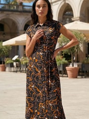Roman Black Floral Belted Midi  Dress - Image 3 of 4