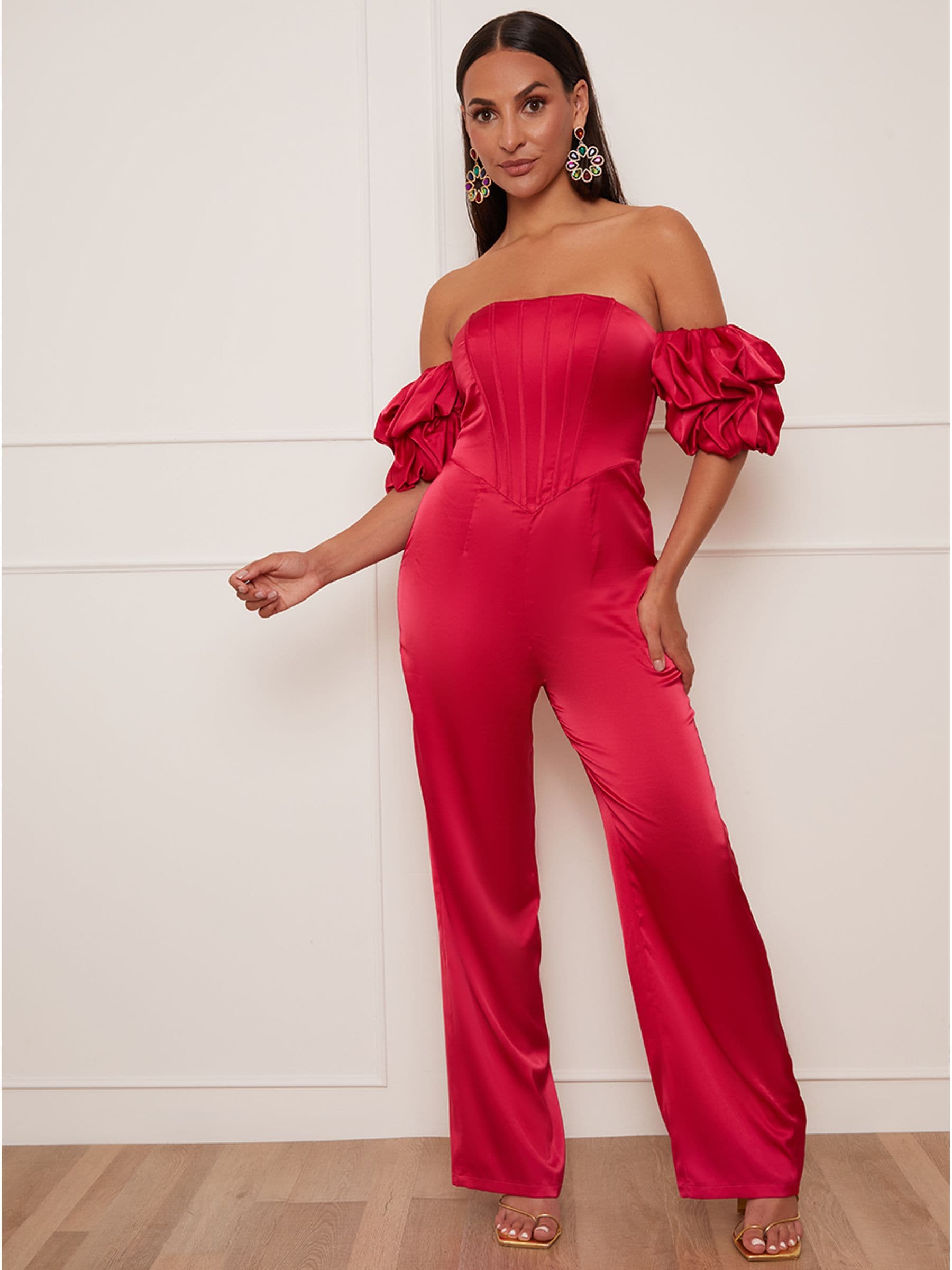 Buy Chi Chi London Red Petite Bardot Corset Style Jumpsuit from Next Luxembourg