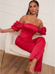 Chi Chi London Red Petite Bardot Corset Style Jumpsuit - Image 3 of 5