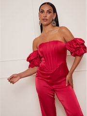 Chi Chi London Red Petite Bardot Corset Style Jumpsuit - Image 4 of 5