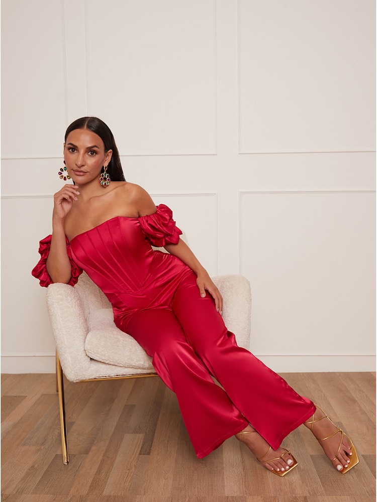 Chi Chi London Red Petite Bardot Corset Style Jumpsuit - Image 5 of 5