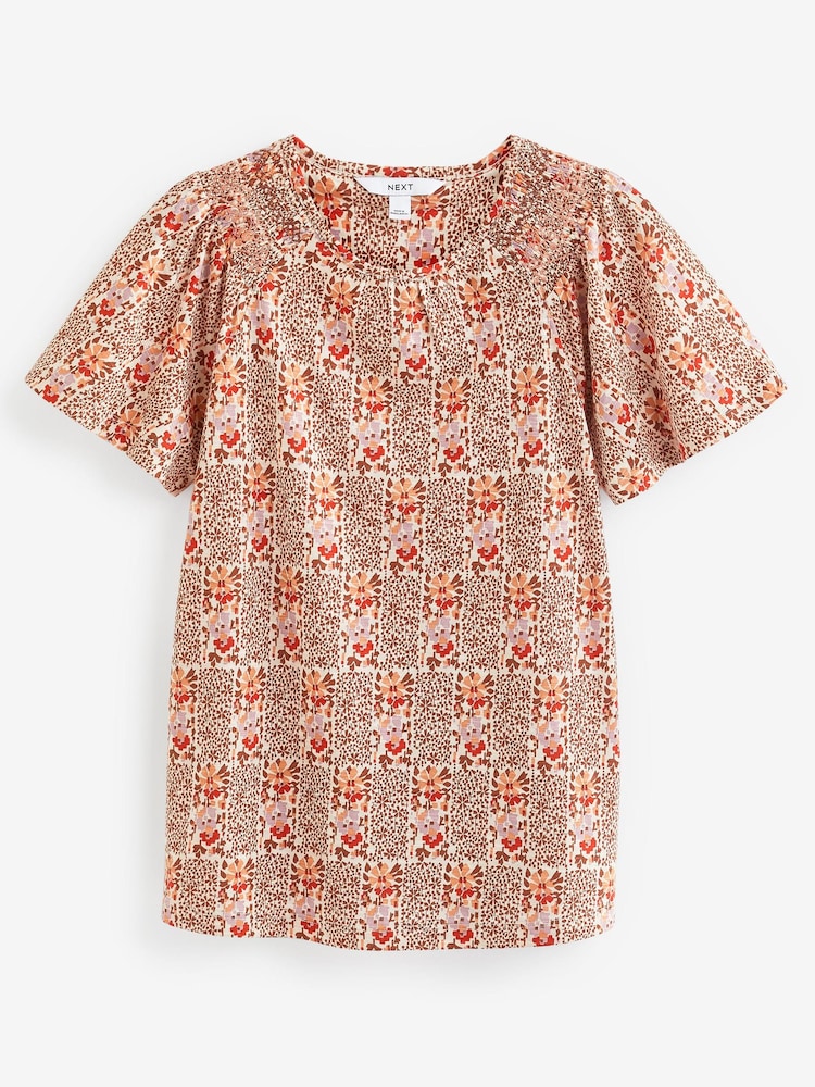 Ecru Ditsy Smocked Short Sleeves Round Neck Top - Image 5 of 5