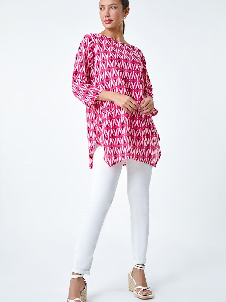 Roman Pink Geometric Pocket Detail Longline Cotton Top - Image 1 of 5