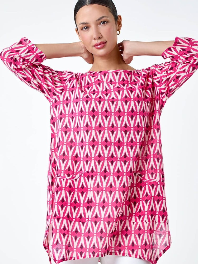 Roman Pink Geometric Pocket Detail Longline Cotton Top - Image 2 of 5