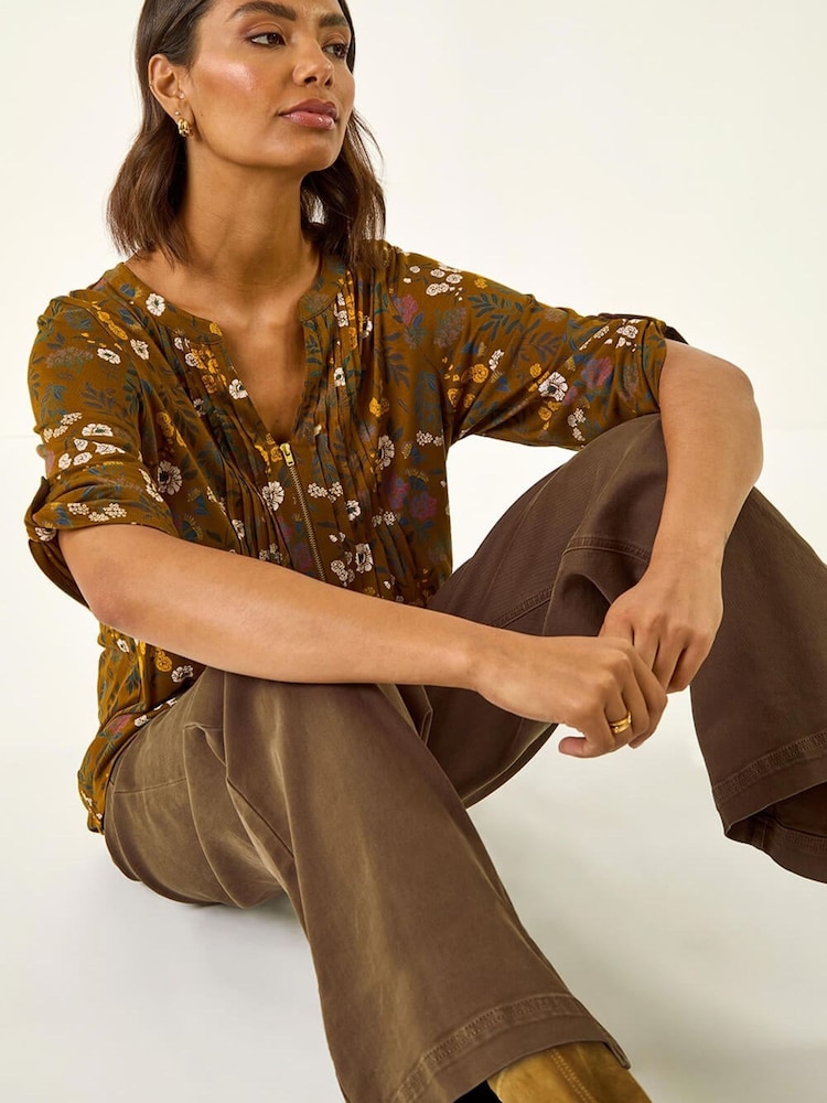 Roman Brown Textured Floral Pintuck Tunic Top - Image 1 of 5